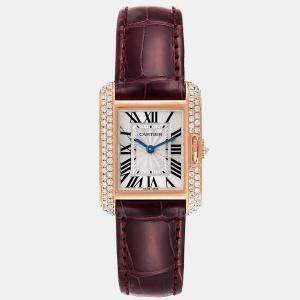 Cartier Silver 18k Rose Gold Tank Anglaise WT100013 Quartz Women's Wristwatch 23 mm