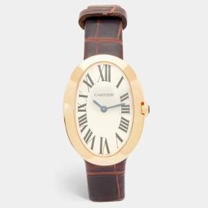 Pre Owned Cartier Silver 18K Rose Gold Alligator Leather Baignoire W8000007 Women's Wristwatch 23.10 mm