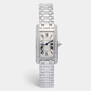 Cartier Silver 18K White Gold Diamond Tank Americaine 2489 Women's Wristwatch 19 mm