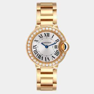 Cartier Silver Diamonds 18K Yellow Gold Ballon Bleu WE9001Z3 Women's Wristwatch 28 mm