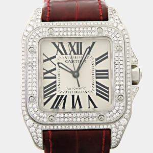 Cartier Silver Diamonds Stainless Steel Santos 100 W20126X8 Women's Wristwatch 33 mm
