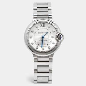Pre Owned Cartier Silver Diamond Stainless Steel Ballon Bleu WE902075 Women's Wristwatch 36 mm