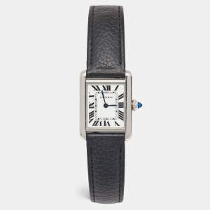 Cartier Silver Stainless Steel Leather Tank WSTA0042 Women's Wristwatch 22 mm 
