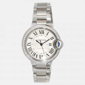 Cartier Silver Diamond Stainless Steel Ballon Bleu W4BB0023 Automatic Women's Wristwatch 33 mm