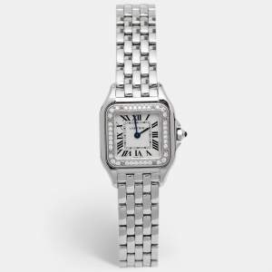 Pre Owned Cartier Silver Stainless Steel Diamond Panthere W4PN0007 Women's Wristwatch 22 mm