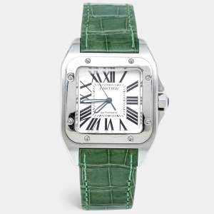 ساعة يد رجالية كارتييه سانتوس 100 W20073X8 جلد تمساح أمريكي ستانلس ستيل بيضاء فضية 38مم