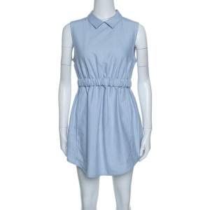 Carven Blue Chambray Gathered Waist Sleeveless Dress M