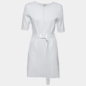 Carven White Rib Knit Belted Short Sleeve Skater Dress L