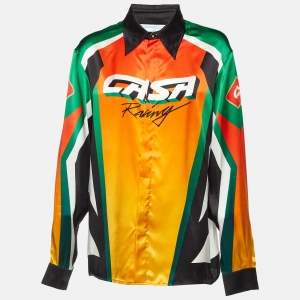 Casablanca Orange Casa Moto Print Silk Long Sleeve Shirt M