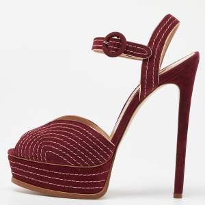 Casadei Burgundy Suede Stitch Detail Platform Sandals Size 40