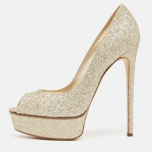 Casadei Gold Glitter Fabric Platform Peep Toe Pumps Size 40