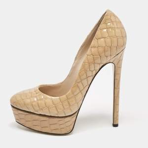 Casadei Beige Croc Embossed Patent Leather Platform Pumps Size 36
