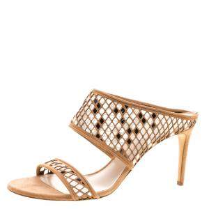 Pre Owned Casadei Beige Suede Laser Cut Peep Toe Sandals Size 41 