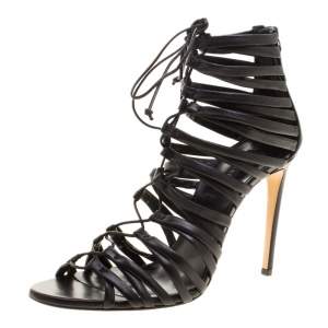 Pre Owned Casadei Black Strappy Leather Lace Up Gladiator Sandals Size 37.5