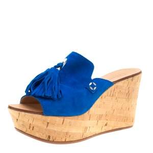 Casadei Blue Suede Tassel Peep Toe Cork Platform Wedge Slides Size 40