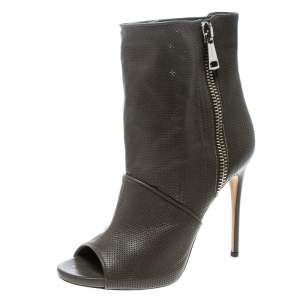 Pre Owned Casadei Olive Green Perforated Leather Double Zipper Peep Toe Ankle Boots Size 38.5