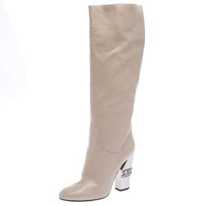 Pre Owned Casadei Beige Leather Chain Motif Metal Block Heel Knee High Boots Size 40