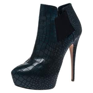 Pre Owned Casadei Green Croc Embossed Leather Platform Booties Size 39.5