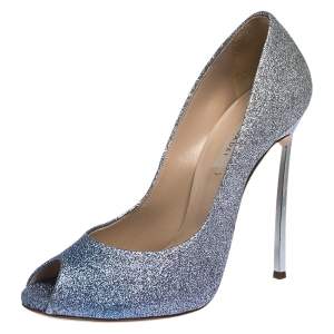 Pre Owned Casadei Blue/Grey Glitter Pegasus Peep Toe Pumps Size 40