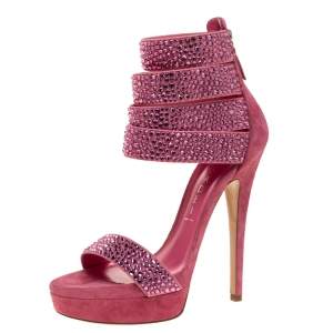 Pre Owned Casadei Pink Suede And Crystal Fabric Platform Ankle Cuff Sandals Size 36