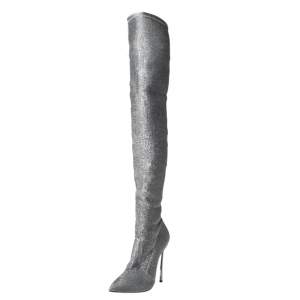 Pre Owned Casadei Silver Lurex Blade Thigh High Boots Size 39