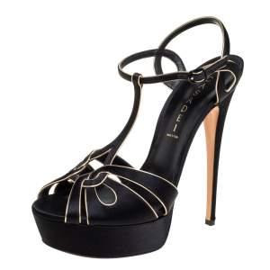 Casadei Black/Gold Satin T-Strap Open Toe Platform Sandals Size 40