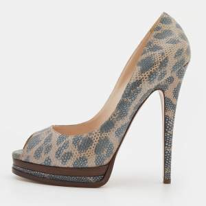 Pre Owned Casadei Grey/Beige Lizard Embossed Leather Peep Toe Platform Pumps Size 40