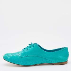 Casadei Turquoise Blue Python Embossed Leather Lace Up Oxfords Size 38