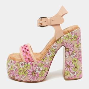 Casadei Pink /Beige Patent Leather and Leather Floral Print Ankle Strap Platform Sandals Size 39