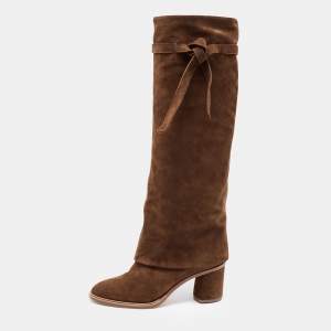 Pre Owned Casadei Brown Suede C-Chain Block Heel Knee Length Boots Size 37.5