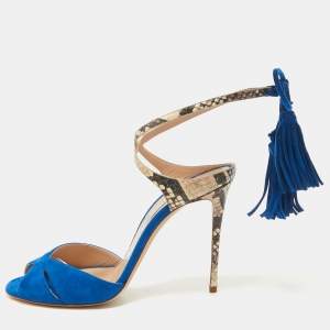 Casadei Blue Python Embossed Leather and Suede Tassel Ankle Strap Sandals Size 39.5