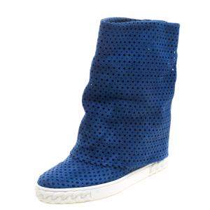 Pre Owned Casadei Cobalt Blue Perforated Suede Wedge Boots Size 36
