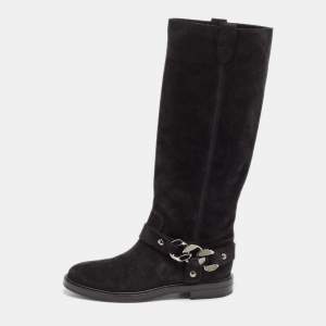 Casadei Black Suede Chain Detail Knee Length Boots Size 39