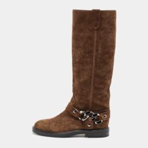Casadei Brown Suede Chain Detail Knee Length Boots Size 36