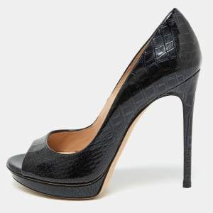 Casadei Black Croc Embossed Leather Open Toe Pumps Size 36.5