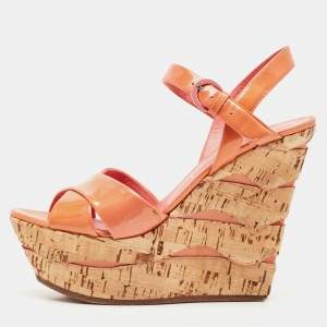 Casadei Pink Patent Leather Cork Wedge Ankle Strap Sandals Size 38
