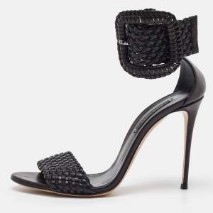 Casadei Black Woven Leather Buckle Ankle Strap Sandals Size 39.5