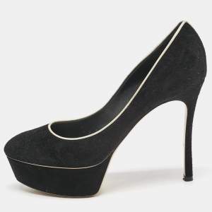 Casadei Black Leather and Suede Daisy Platform Pumps Size 37.5