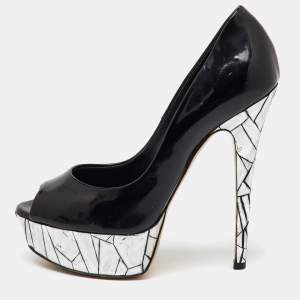 Casadei Black Patent Leather Mosaic Mirror Heel Peep Toe Platform Pumps Size 36