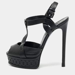 Casadei Black Leather Peep Toe Platform Ankle Strap Sandals Size 37.5