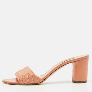 Casadei Peach Pink Leather Block Heel Studded Slide Sandals Size 41