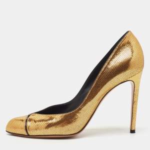 Pre Owned Casadei Metallic Gold Lizard Embossed Leather Round Toe Pumps Size 38.5