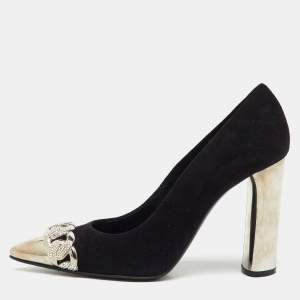 Pre Owned Casadei Black Suede Pointed Toe Crystal Chain Link Pumps Size 37