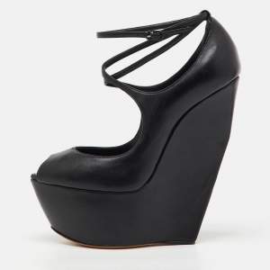 Pre Owned Casadei Black Leather Platform Wedge Pumps Size 38.5