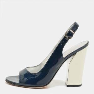 Pre Owned Casadei Navy Blue Patent Leather Open Toe Slingback Pumps Size 38