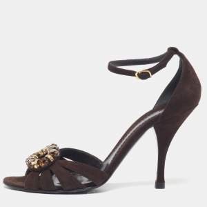 Pre Owned Casadei Size 37.5 Brown Suede Embellishment Ankle Strap Sandals