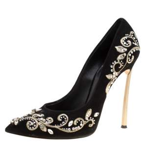Pre Owned Casadei Black Embroidered Suede Crystal Embellished Pointed Toe Pumps Size 39