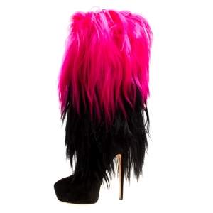 Pre Owned Casadei Black/Pink Fur And Suede Platform Calf Boots Size 40