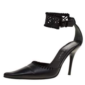 Casadei Black Leather Laser Cut Ankle Cuff Pointed Toe Sandal Size 35