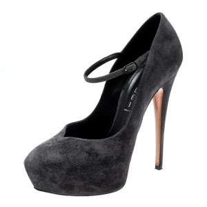 Pre Owned Casadei Grey Suede Marry Jane Platform Pumps Size 38.5